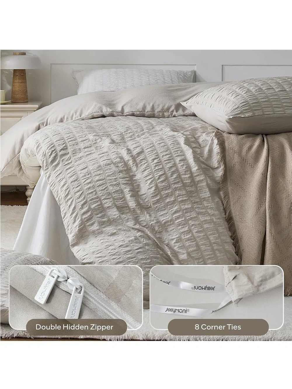 NEW JELLYMONI Oatmeal (Cream) Seersucker Duvet Cover Set